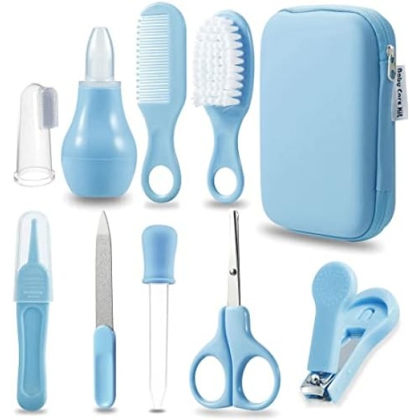 PandaEar Baby Healthcare and Grooming Kit, Baby Safety Set Baby Comb, Brush, Finger Toothbrush, Nail Clippers, Scissors, Nasal Aspirator, Baby Essentials Nursery Care Kit (Blue)