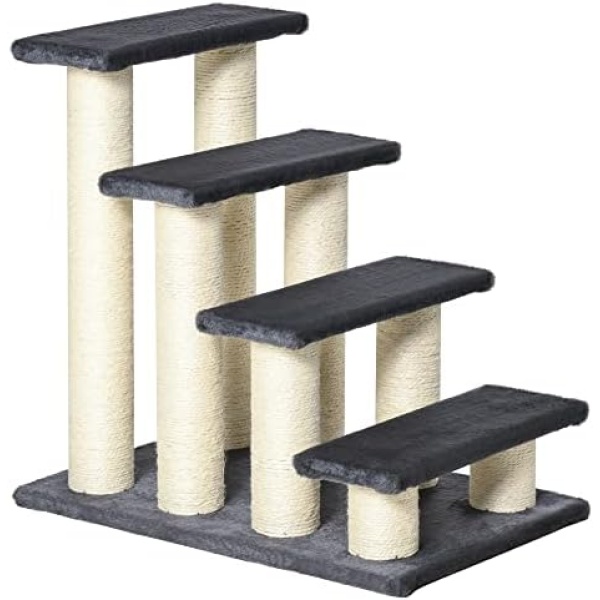 PawHut 4 Tier Pet Stairs Dog Cat 4 Steps Kitty Scatching Post Cat Scratch Furniture Dark Grey