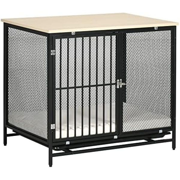 PawHut Dog Crate Furniture with Water-Resistant Cushion, Dog Crate End Table with Removable Tray, Indoor Pet Crate for Small and Medium Dogs Indoor Use