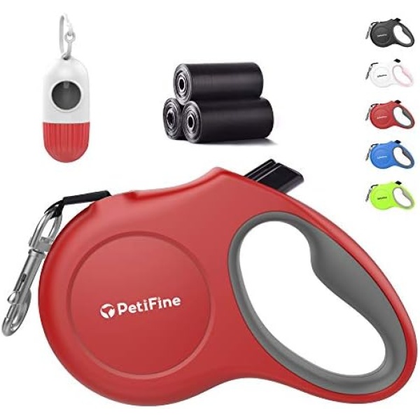 PetiFine Retractable Dog Leash with Dispenser and Poop Bags, 16ft Heavy Duty Reflective Walking Pet Leash for X-Small/Small/Medium/Large Breed Dogs or Cats up to 18 lbs, Tangle-Free (XS, Red)