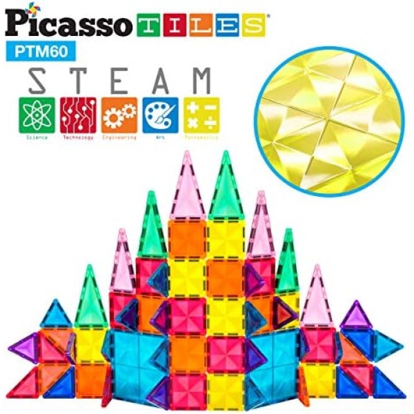 PicassoTiles 60 Piece Magnetic Building Block Mini Diamond Series Travel Size On-The-Go Magnet Construction Toy Set STEM Learning Kit Educational Playset Child Brain Development Stacking Blocks PTM60