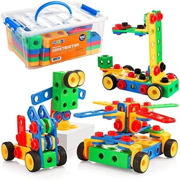 Play22 100Pc Building Blocks for Toddlers STEM Toys - Building Construction Toys for Boys and Girls Ages 3 4 5 6 7 8 9 10 - Educational Toys Set with Nice Storage Box