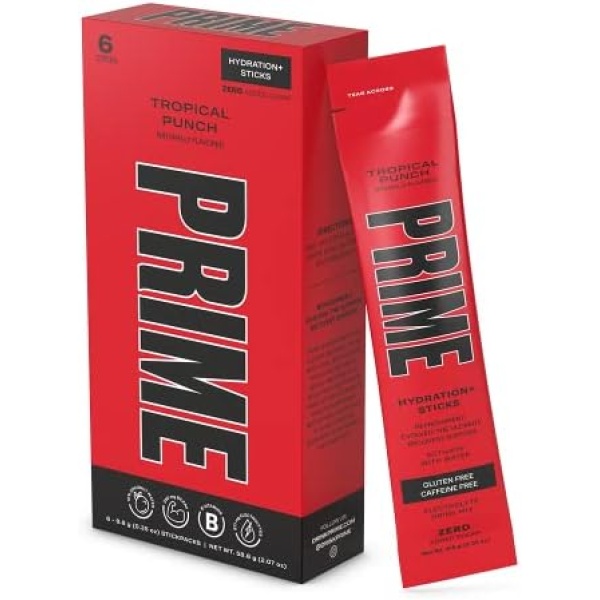 Prime Hydration+ Stick Pack, Electrolyte Drink Mix, 10% Coconut Water, 250mg BCAAs, Antioxidants, Naturally Flavored, Zero Added Sugar, Easy Open Single-Serving Stick, Tropical Punch 6 Sticks