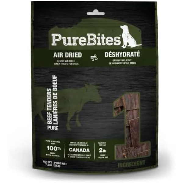 PureBites Gently Air Dried Beef Jerky Dog Treats 213g | 1 Ingredient | Made in Canada | Packaging May Vary