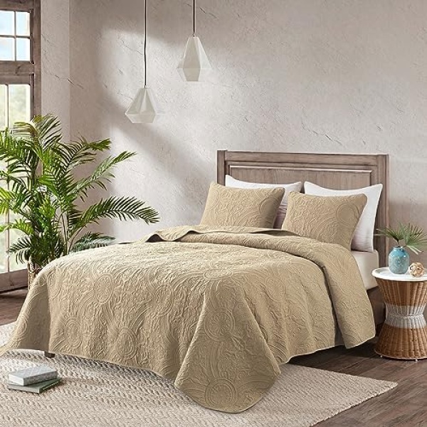 ROARINGWILD Boho California Oversized Cal King Size Quilt Bedding Sets with Pillow Shams, Beige Lightweight Bedspread Coverlet, Quilted Blanket Thin Comforter Bed Cover, 3 Pieces, 118x106 inches