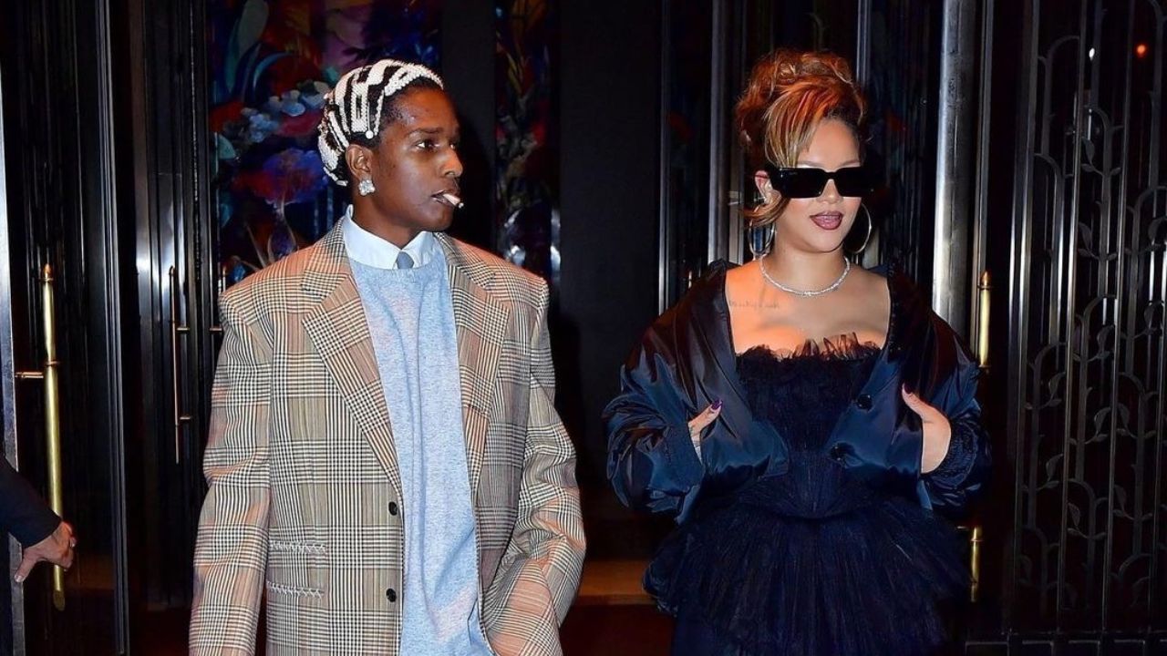 Rihanna Wore a Black Philosophy Tulle Bustier Top to Celebrate with A$AP Rocky Who Wore a Plaid Bottega Veneta Blazer with Pearl Hair Pins – Fashion Bomb Daily