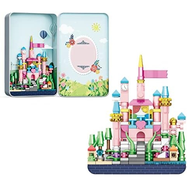 SIENON Castle Building Toys Set-192 PCS Building Fairy Castle Toys, Building Toy Mini Castle Playset with Portable Metal Box, Castle Brick Toys for Desk Room Décor Buildable Travel Toys for Kids 6+