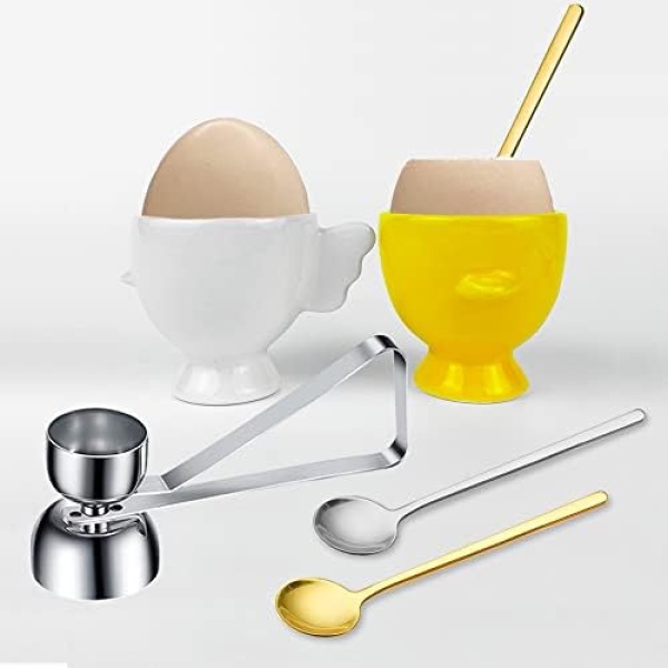 Set of 5, Egg Cups for Soft Boiled Eggs Ceramic Egg Holder 2 Pack Chick Shaped Hard Boiled Raw Egg Cups 1 Egg Topper Cutter with 2 Pcs Stainless Steel Egg Spoons for Decor Breakfast Brunch