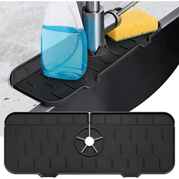 Silicone Kitchen Faucet Sink Splash Guard, Silicone Faucet Water Catcher Mat – Sink Draining Pad Behind Faucet, Grey Rubber Drying Mat for Kitchen & Bathroom Countertop Protect (Black)