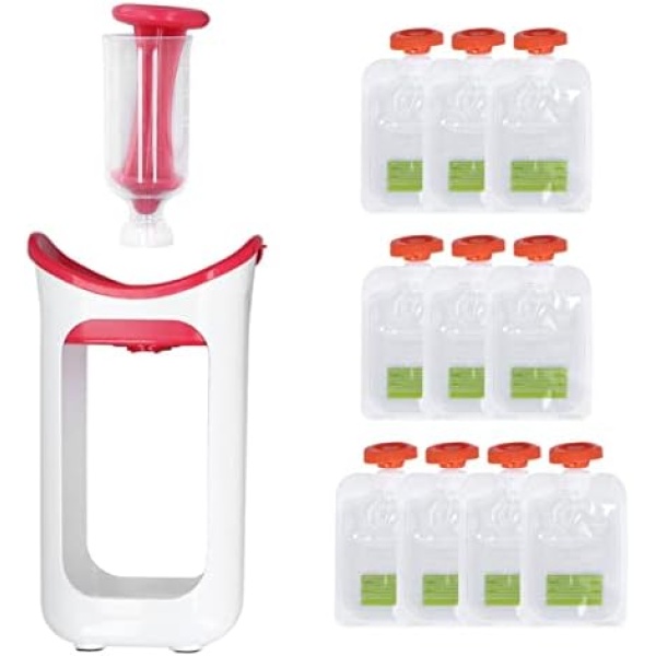 Squeeze Station, Baby Food Squeeze Puree Filler, Reusable Pouch Filling Station for Homemade Baby Food, Fruit Puree Squeezer with 10 Squeeze Bags, Baby Fresh Fruit Juice Food Maker (Red)