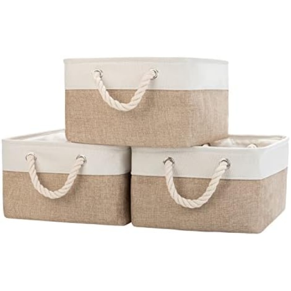 Storage Basket Bins - Fabric Basket&Decorative Baskets Storage Box Cubes Containers W/Handles for Clothes Storage Toys, Books, Home, Office (Beige&White, 36X26X17 (3pack))