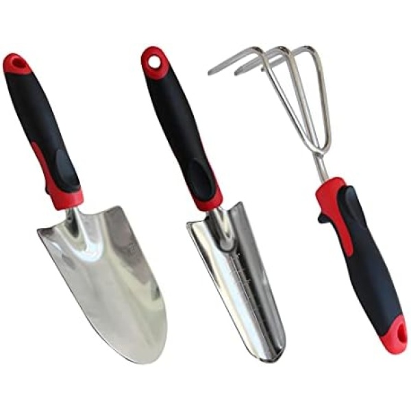 TABOR TOOLS D124A 3-Piece Garden Tool Set with Rubberized Non-Slip Handles, Stainless Steel, Includes Hand Trowel, Cultivator Hand Rake, and Transplanter with Gradation Marks