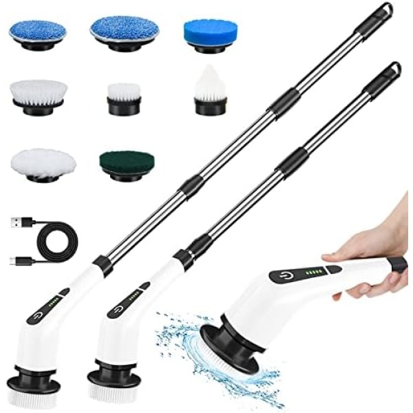 TOPMAKO Electric Spin Scrubber, Cordless Cleaning Brush with 54 Inch Adjustable Long Handle and 8 Replaceable Brush Heads, 2 Rotating Speed Shower Scrubber for Bathroom Tub, Floor, Tile, Kitchen, Car Wash