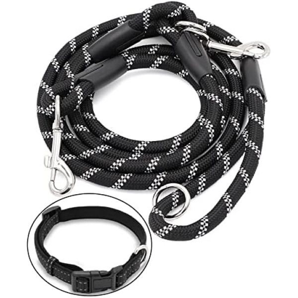 Taigoehua 7.5 FT Strong Reflective Messenger Dog Leash （Hands Free） with Adjustable Nylon Dog Collar for Small Medium Large Dogs（Black