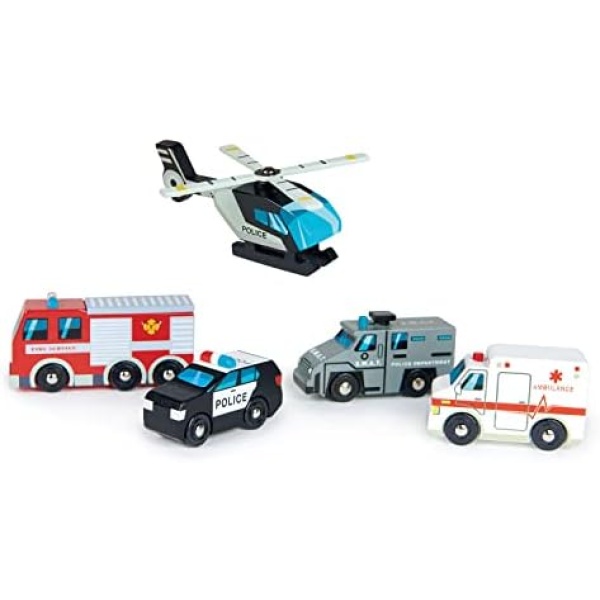 Tender Leaf Toys - Emergency Vehicles - 5 Wooden Rescue Vehicles with Moving Parts for Toddler Boys and Girls - Great Gift for Car Lovers - Educational Pretend Play Vehicles - Age 3+