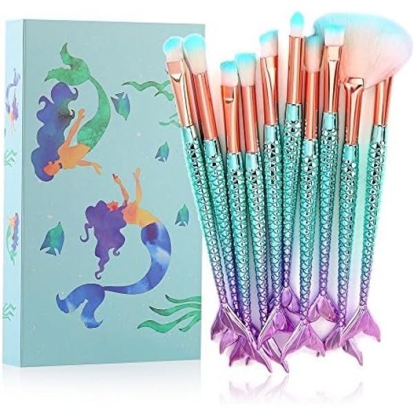 Tenmon 10 Pcs Mermaid Makeup Brush Set with Gift Box Professional Eye Makeup Brushes For Eyeshadow Concealer Eyeliner Brow Blending Brush Tool