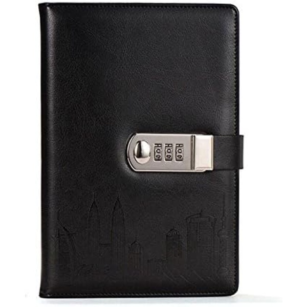 ToiM PU Leather Journal Writing Notebook Fashion Daily Notepad with Combination Lock and Pen Holder, A5 Size Password Diary for Men and Women (Without Chinese Writings) (Black)