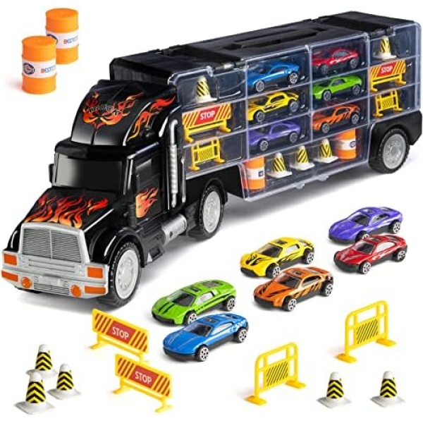 Toy Truck Transport Car Carrier - Toy Truck Includes 6 Toy Cars and Accessories - Toy Trucks Fits 28 Toy Car Slots - Great car Toys Gift for Boys and Girls - Original - by Play22