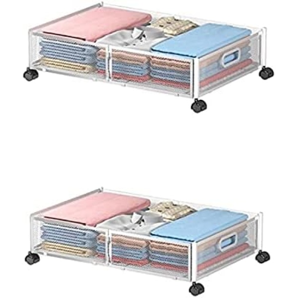 Under Bed Storage Containers, Under Bed Shoe Storage With Wheels, Foldable Bedroom Storage Organization with Handles, Under Bed Storage Bins Drawer For Clothes, Blankets And Shoes, Bedding (2 PACK, WHITE)