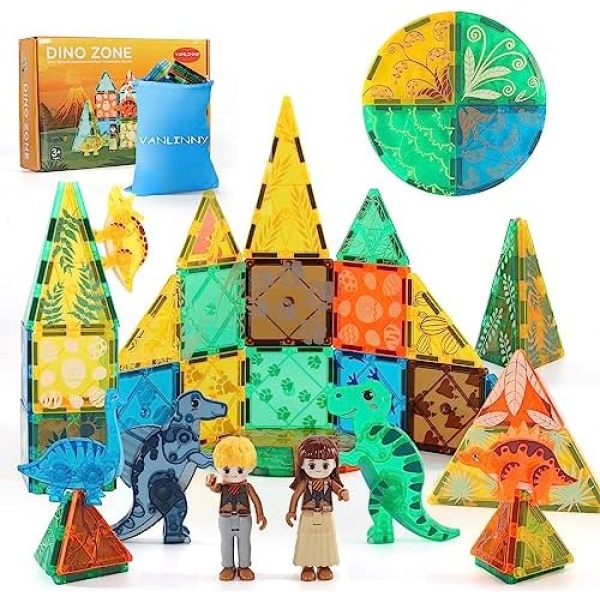 VANLINNY Dinosaur Magnetic Tiles, 74PCS Dinosaur Magnetic Blocks 3D Building for Kids 3+, Creative and Educational Magnet Toy for Boys and Girls, Birthday Gift for Toddlers.