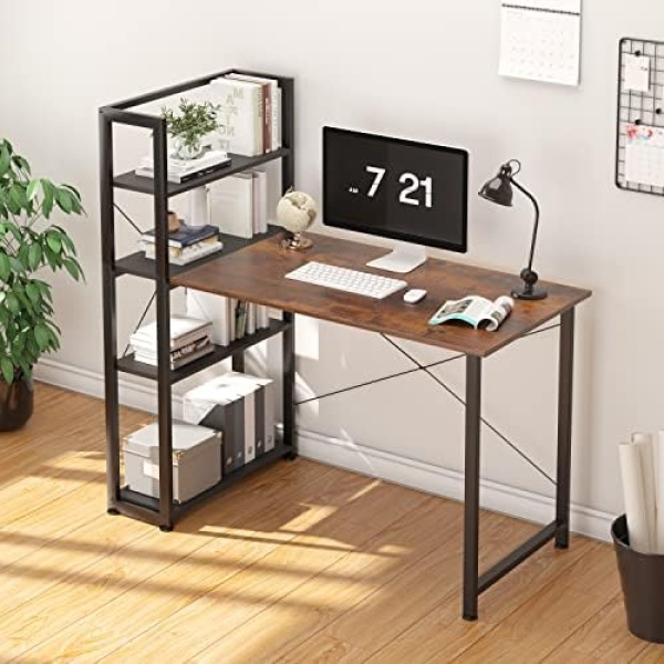 VERMESS Computer Desk with 4 Tiers Shelves, 47 Inch Sturdy Table with Reversible Bookshelf for Home Office, Study Tower Desk for Small Space, Industrial Modern Style, Rustic Brown+Black