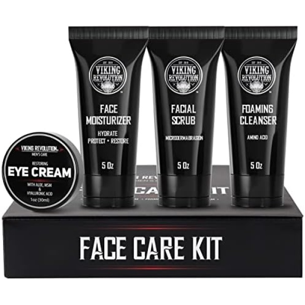 Viking Revolution Mens Skin Care Kit - Mens Facial Care Kit for Men Skincare - Includes Rejuvenating Face Moisturizer (5oz) Microdermabrasion Facial Scrub (5oz) Foaming Cleanser (5oz) Eye Cream (1oz)