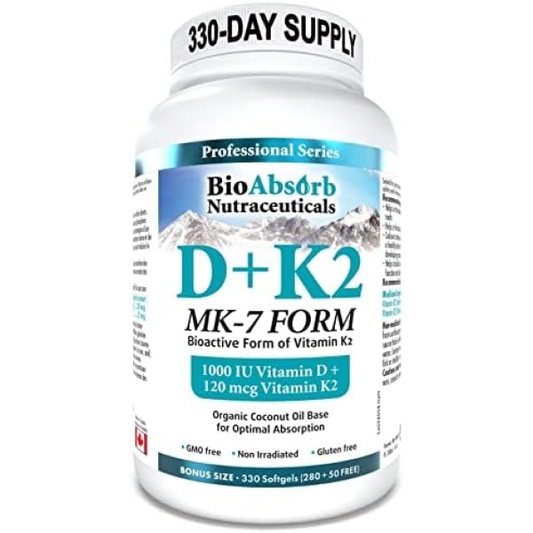 Vitamin D3 1000 IU + Vitamin K2 MK-7 Form (120 mcg). 330 Softgels. 330-Day Supply. Organic Coconut Oil Base For Optimal Absorption.