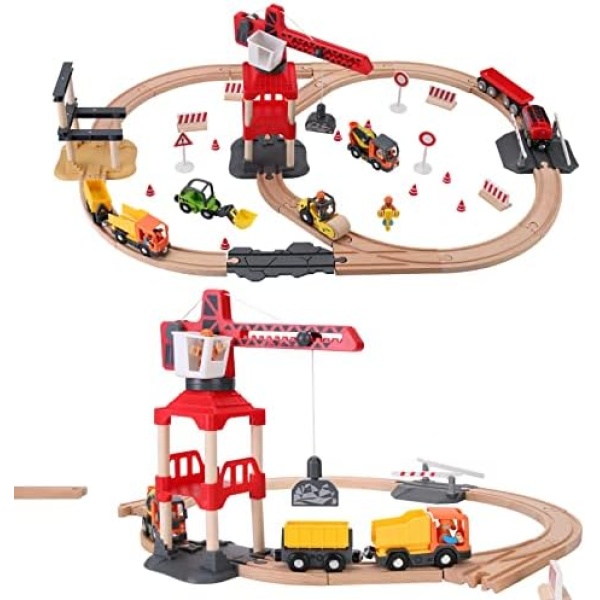 WINB Wooden Train Tracks 70pcs & Construction site Wooden Train Track, Gift Packed Toy Railway Kits for Kids, Toddler Boys and Girls3,4,5 Years Old and Up– Premium Wood Construction Toys-Fits 70pcs