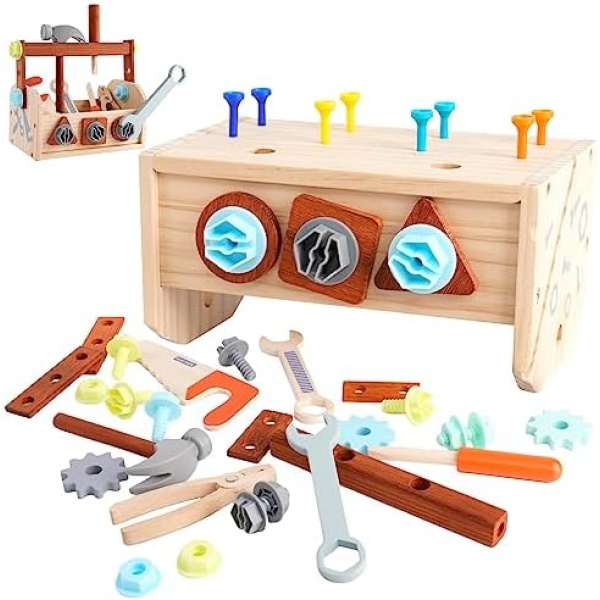 Wooden Construction Toy Kids Tool Set Take-Along Tool kit Educational Wood Nails Pounding Hammering Toy for Boys Girls Toddler