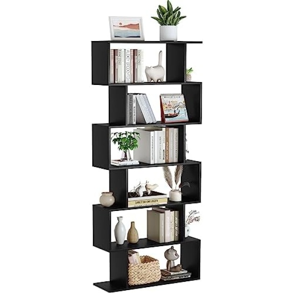 Yusong Bookshelf, Geometric Bookcase S Shaped Book Shelves Unit for Living Room, 6 Tier Tall Decorative Display Shelf for Bedroom, Study Room, Black