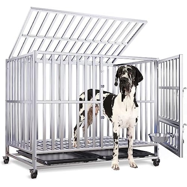 ZuHucpts Heavy Duty Stainless Steel Dog Crate Cage Kennel and Playpen with Double Doors Design Included Lockable Wheels Removable Tray (Medium (37" L x 25" W x 28" H))