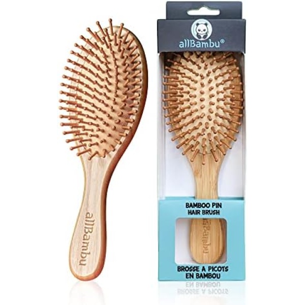 allBambu - Bamboo Hair Brush with Bamboo Pins, Detangling Hairbrush for Women, Girls & Men, Paddle Wooden Brush for Hair, Scalp Massager & Anti Static Hair Comb for Thick, Thin & Curly Hair, Natural Bamboo Brush