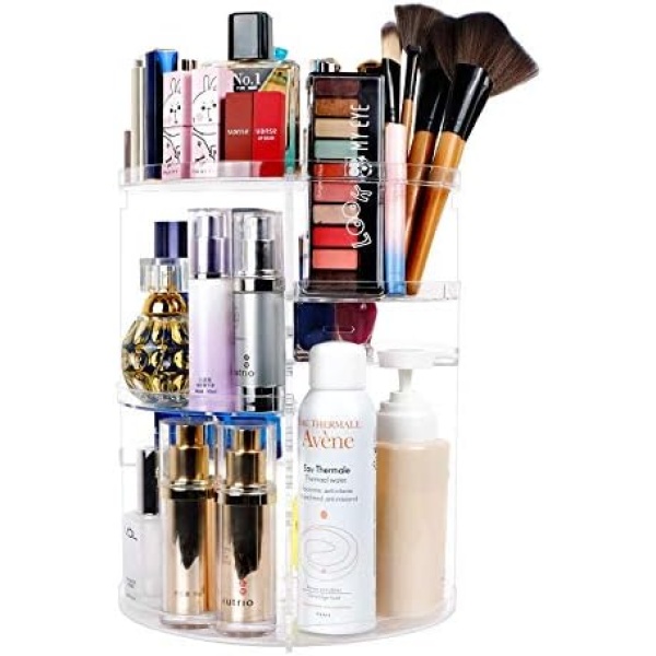 sanipoe 360 Spinning Makeup Organizer, Lazy Susan Rack Cosmetic Carousel Storage Shelf, Great for Countertop and Bathroom, Clear