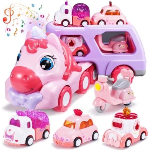 1 2 3 Year Old Girl Toys Gifts, Exssary Unicorn Toy Trucks Cars for Toddlers 1-3 Christmas Birthday Gifts for 1 2 Year Old Girls Toddler Toys 1-2 Year Old Princess Truck Toys for Girls Age 1+