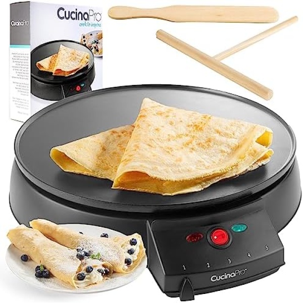 12" Griddle & Crepe Maker, Non-Stick Electric Crepe Pan w Batter Spreader & Recipe Guide- Dual Use for Blintzes Eggs Pancakes, Portable, Adjustable Temperature Settings, Valentines Day Breakfast, Gift