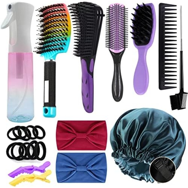 14Pcs Detangling Brush Set for Black Natural Hair, Spray Bottle and Sleep Bonnet for Afro America/African Hair 3a to 4c Texture, Curly Hair Brush Easier and Faster Detangling on Wash Days