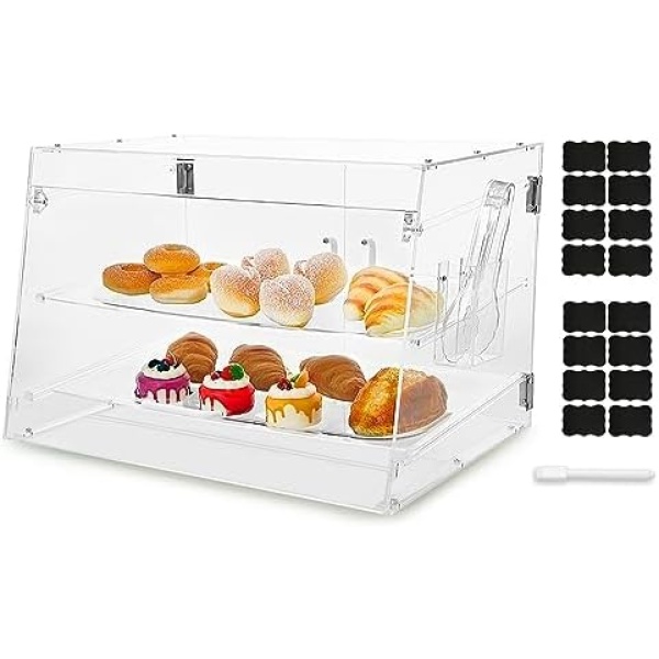 2 Tray Commercial Countertop Bakery Display Case 21" x 17.3" x 12" Acrylic Pastry Display Case with Serving Tong, Bread Display Case with Front & Rear Doors