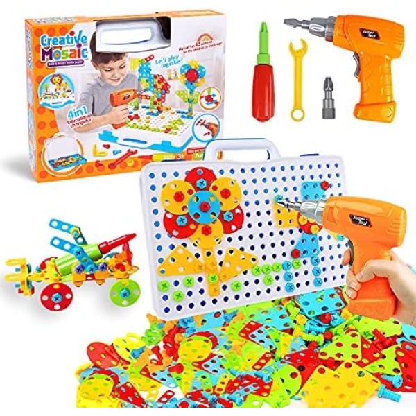 237 PCS STEM Toys for 3+ Year Old, 2D & 3D Creative Toy Drill Puzzle Set, DIY Mosaic Drill and Screwdriver Toy Set for Toddler Preschool Boys and Girls, Engineering Building Kits for 3-8 Years Old