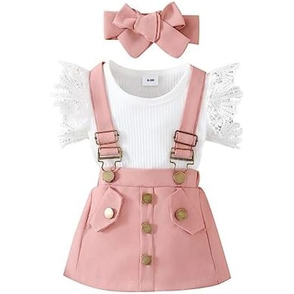 3Pcs Infant Baby Girl Clothes Newborn Summer Ruffle Ribbed Short Sleeve Tops Romper Suspender Skirt Headband Dress Outfits