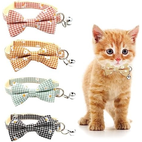 4 Pack Cat Collars with Bell and Detachable Bow Tie Adjustable and Safe Suitable for All Domestic Cats Quick Release Kitten Collars for Small Kitten Cats Dogs