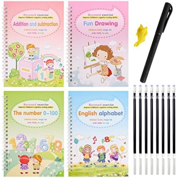4 Pack Magic Practice Copybook for kids, Large Reusable Handwriting Practice Book 3D Grooves Tracing Workbook For Preschoolers,English Calligraphy Copybook (4 Books with Pens)