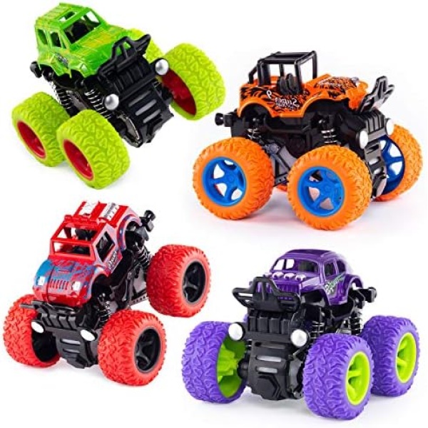 4 Pack Monster Truck Toys - Friction Powered Push and Go Toy Cars, Inertia Car Toy Set Stunt Toy Vehicles, Birthday Party Supplies for Boys and Girls