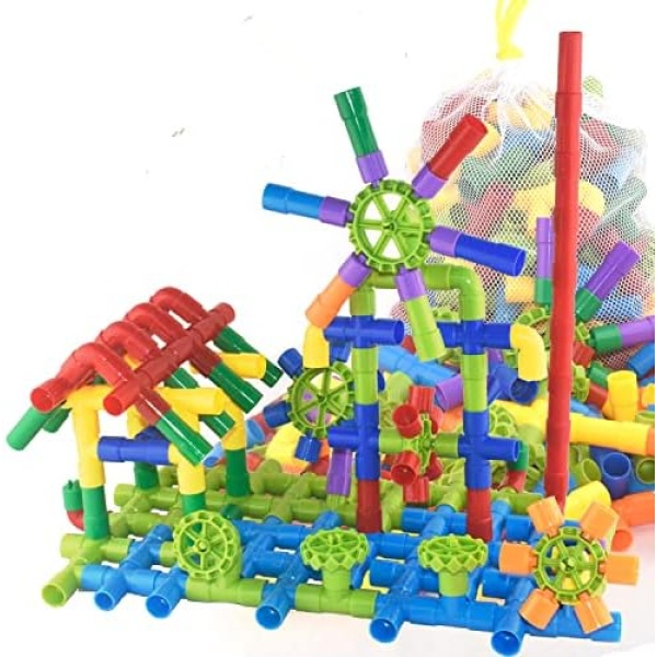 400 Pieces Toy Pipe, Tubular Spout Construction Building Blocks , Fun Educational Building Construction Toys with Wheels, Parts and Storage Bag for Kids Boys Girls Ages 3+