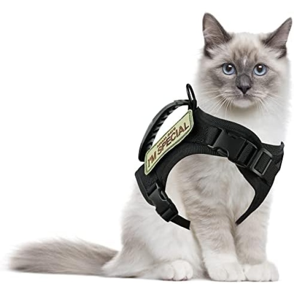 AIWAI Tactical Cat Harness for Walking Escape Proof, Adjustable Pet Vest Harness, Soft Mesh with Control Handle for Large Cat Small Dog, Gift with Patch (Black,cat Harness only)