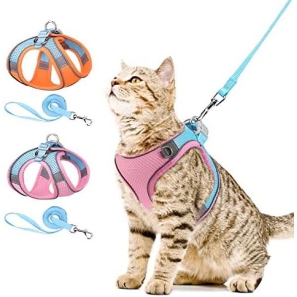 AMIR Cat Harness and Leash Set for Walking, Breathable Escape Proof Soft Adjustable Vest Harnesses for Small Medium Cats, Reflective Strips Jacket for Cat Walking- Pink (Size S)