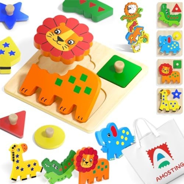 AMOSTING Toddler Toys for 1+ Year Old, Montessori Wooden Animal Puzzles for Age 2-3 Baby Girl & Boy Birthday Gift Preschool Learning Activities - 4 Pack