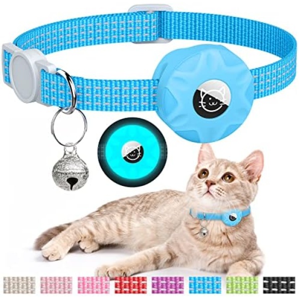 AirTag Cat Collar, Reflective Kitten Collar Breakaway Apple Air Tag Cat Collar, GPS Cat Collar with AirTag Holder and Bell, Lightweight Tracker Cat Collars for Girl Boy Cats, Kittens and Puppies (Luminous blue)