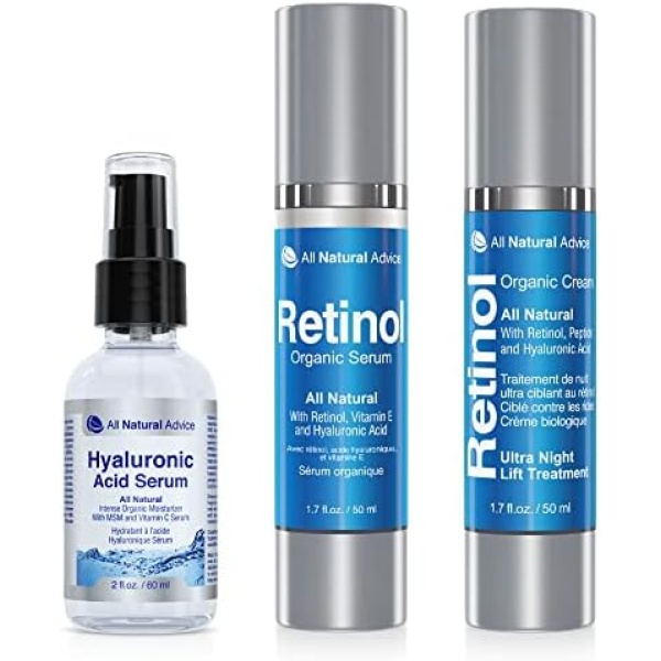 All Natural Advice Night Routine Bundle, Organic Skin Care Pack Including Retinol Ultra Night Lift Treatment 50ml, Retinol Serum 50ml and Hyaluronic Acid Serum 60ml