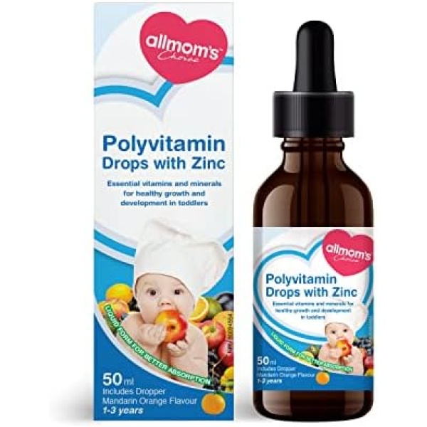 Allmom's Choice Polyvitamin Drops with Zinc, 1-3 Years, 9 Essential Vitamins (Vitamin A, B Complex, C, D3) and Mineral of Zinc, which are often lacking in a Children’s Diet. Great Taste in Easy-To-Take Liquid Form, 50-Day Supply