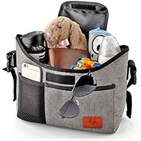 Baby Stroller Organizer, Universal Baby Accessories Pram Caddy Storage Bag for Pushchair - Designed with Shoulder Straps for Short Walk-Out(Grey)